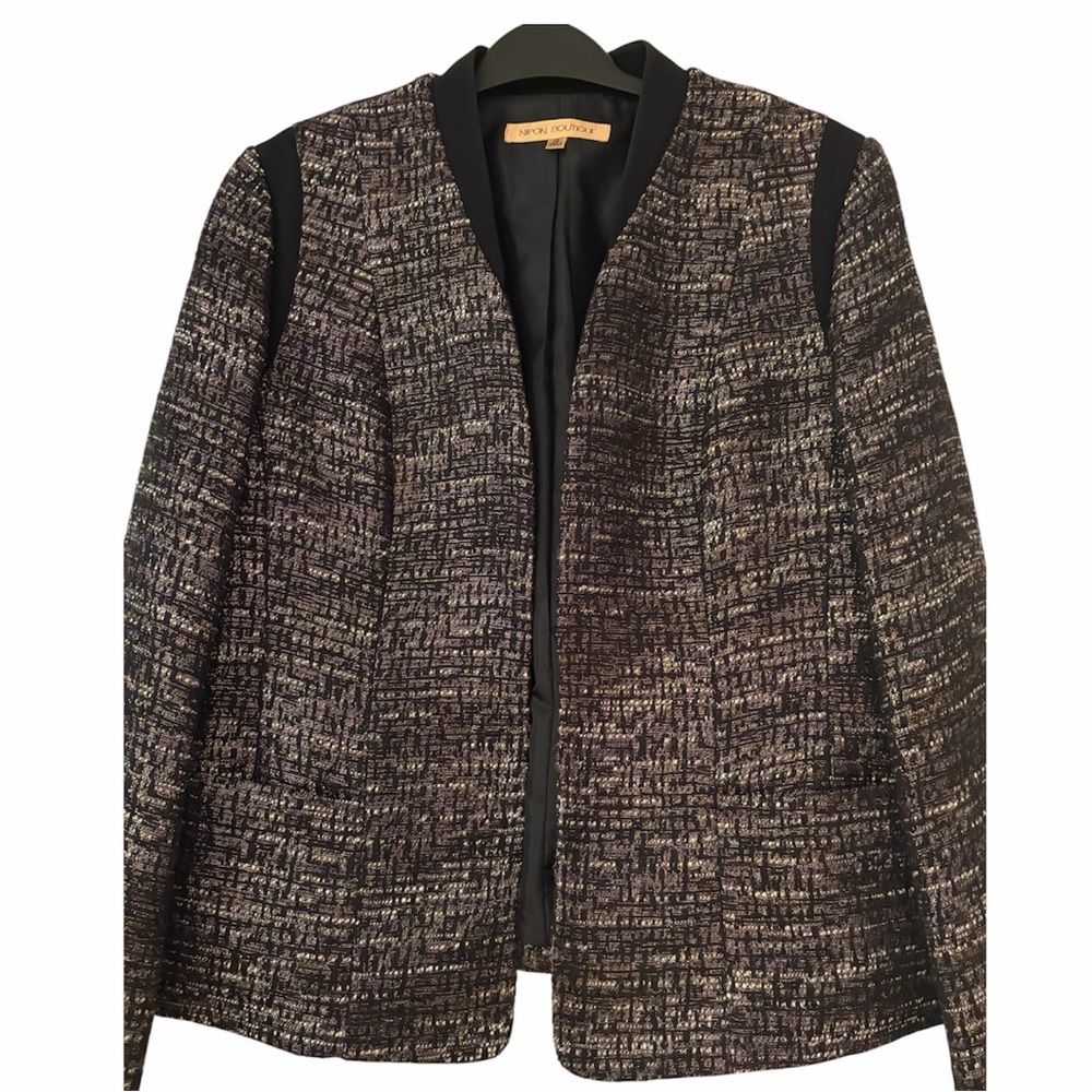 Nipon Boutique Black and Gray Tweed Textured Open Front Blazer Size 12
